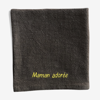 Embroidered kaki linen towel