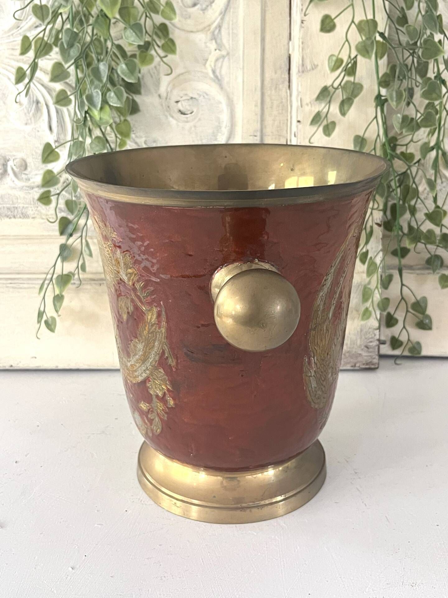 Ice Bucket, Enamel Red and Gold French Brass Champagne Cooler, Vintage