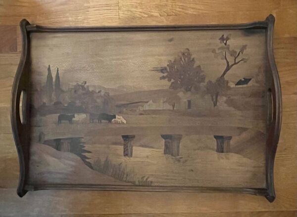 Grand plateau ancien en bois marqueté