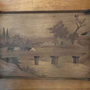 Large antique marquetry wooden platter