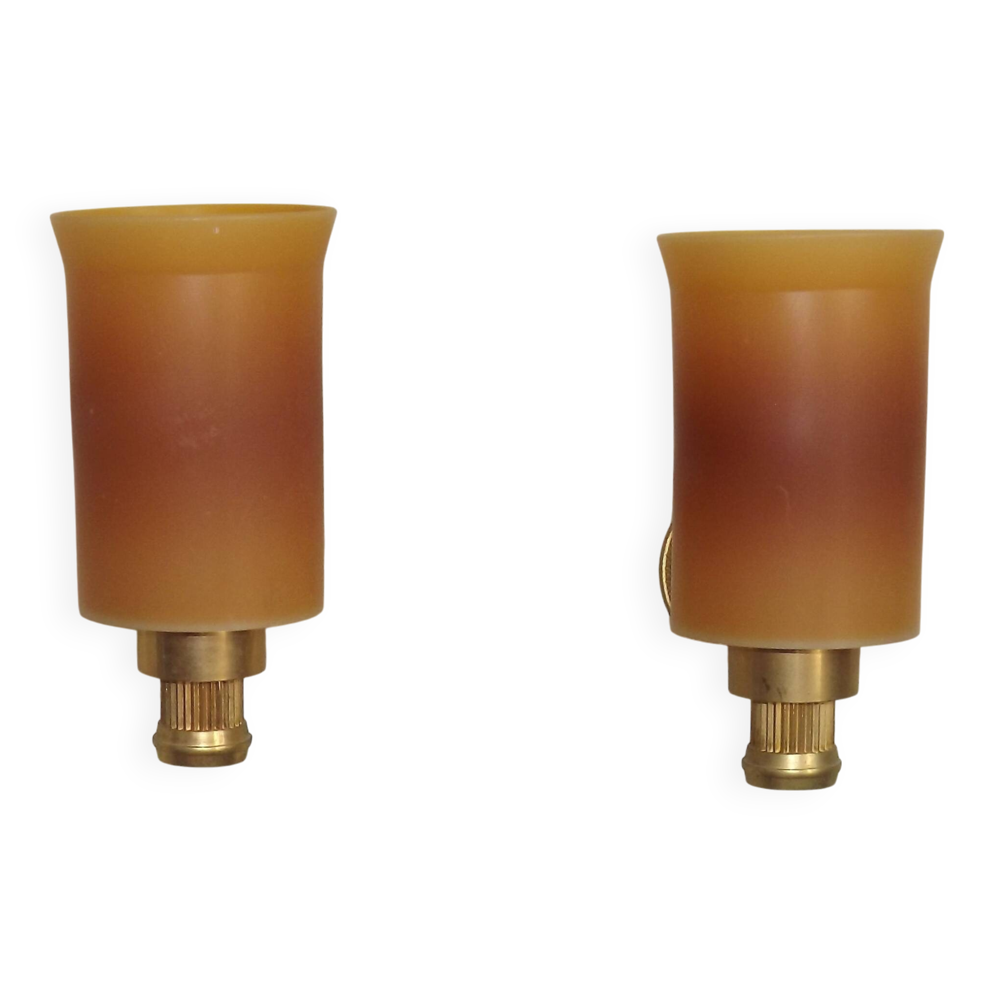 Pair French Vintage 1960s Retro Single Wall Lights Brass & Orange Acrylic