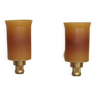 Pair French Vintage 1960s Retro Single Wall Lights Brass & Orange Acrylic