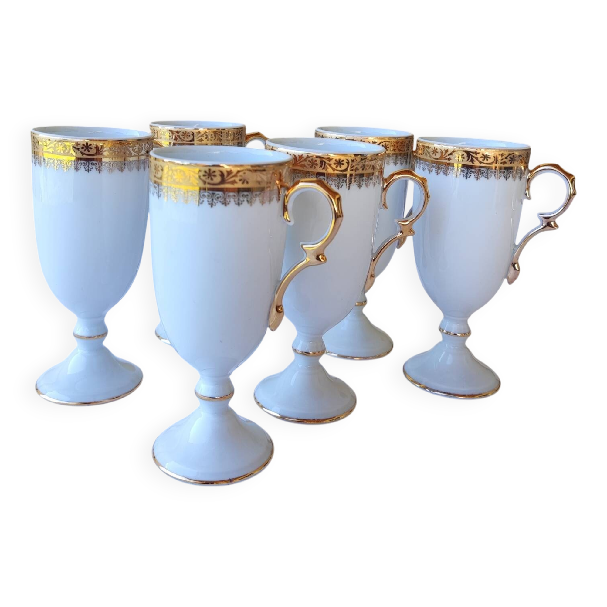 6 tall cups - Empire style - white and gold Limoges porcelain