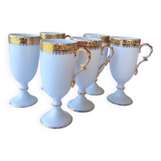 6 tall cups - empire style - white and gold Limoges porcelain