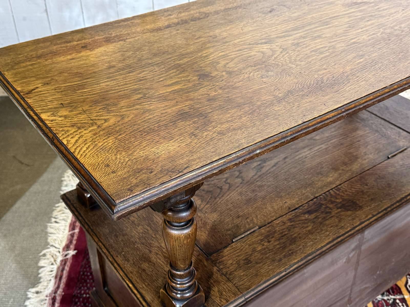 English oak bank safe from the 1930s that can serve as a console.