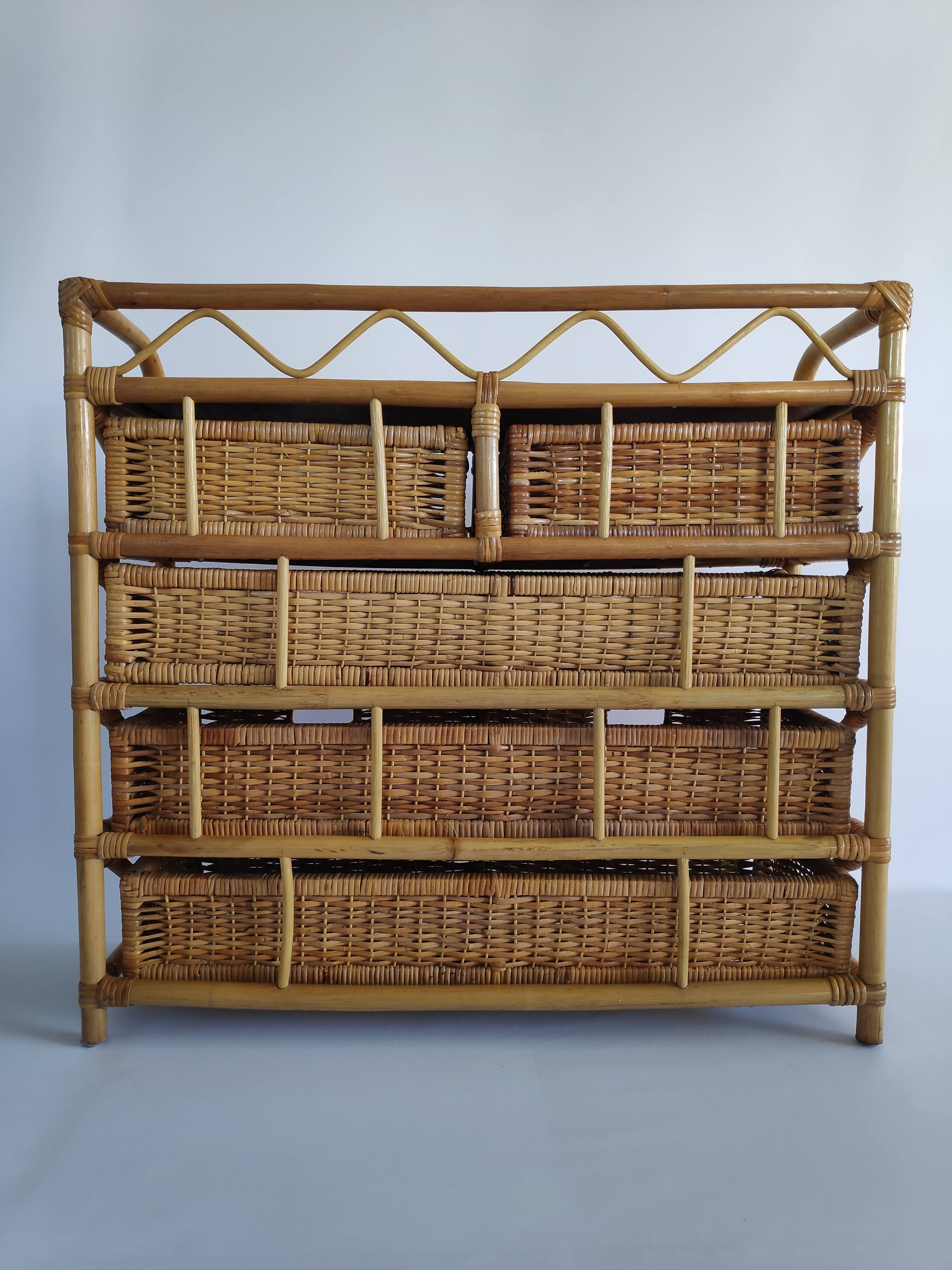 Chest of drawers vintage rattan and wicker of the 1970s