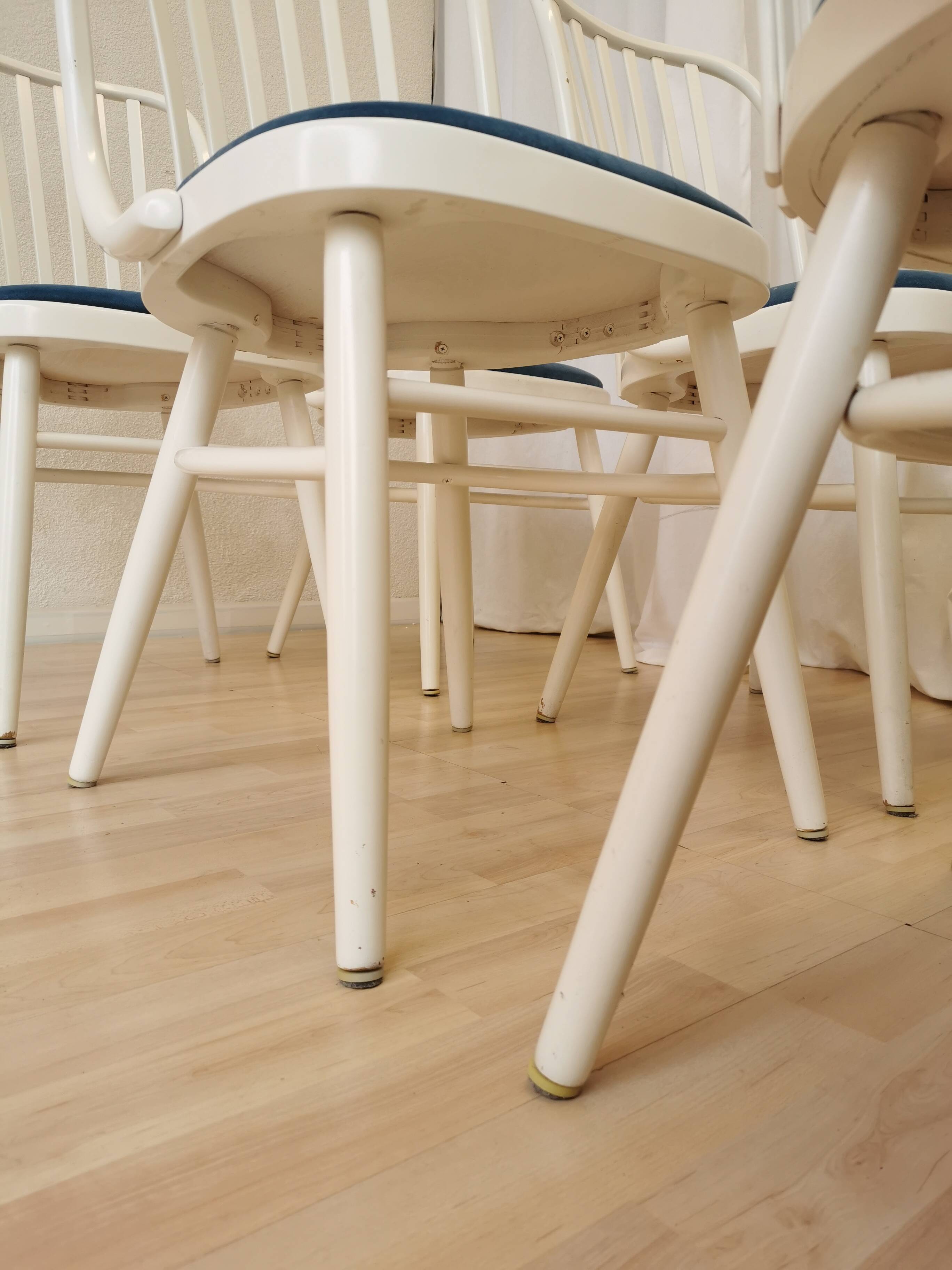 Set of 6 Vintage Bentwood Dining Chairs: White Ligna Style, Blue Fabric
