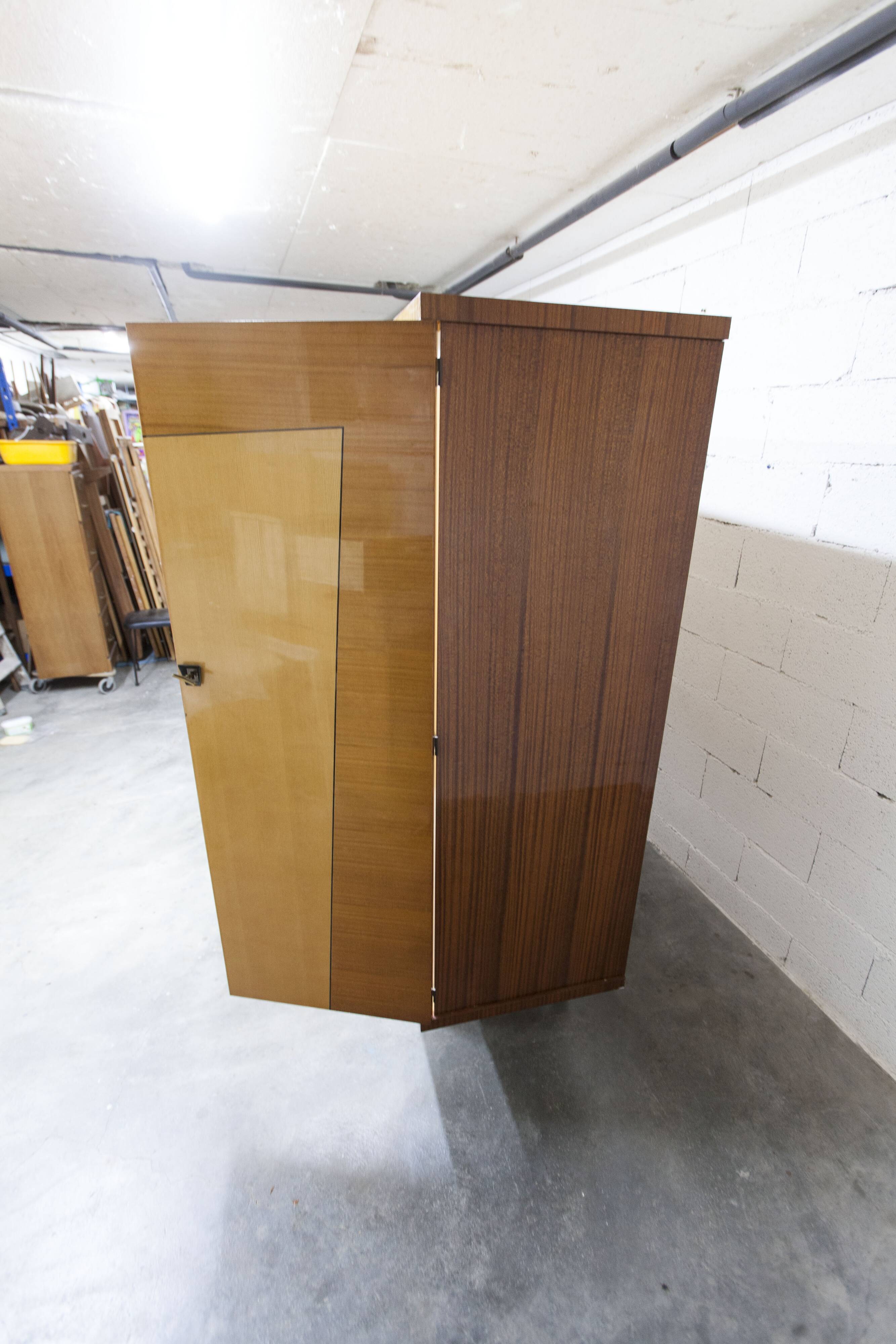 1960s Scandinavian wardrobe, blonde varnished wood, unusual, 4 doors, 3 drawers, 7 shelves.