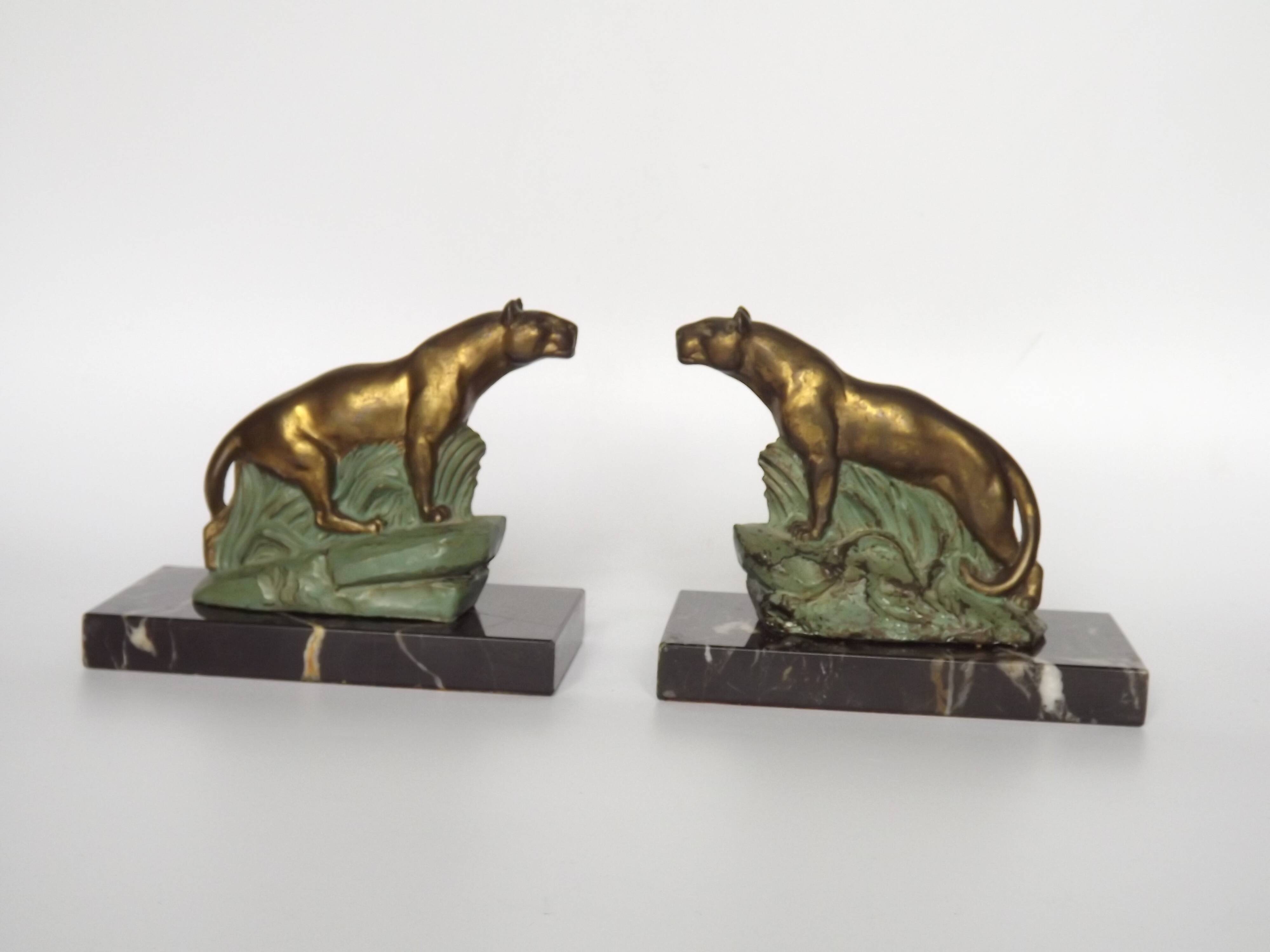 Vintage French Art Deco Panther Book Ends - Marble and Metal Bookends