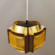 Danish hanging lamp, made in brass colored and brown metal, with yellowish hard pressed plastic deta