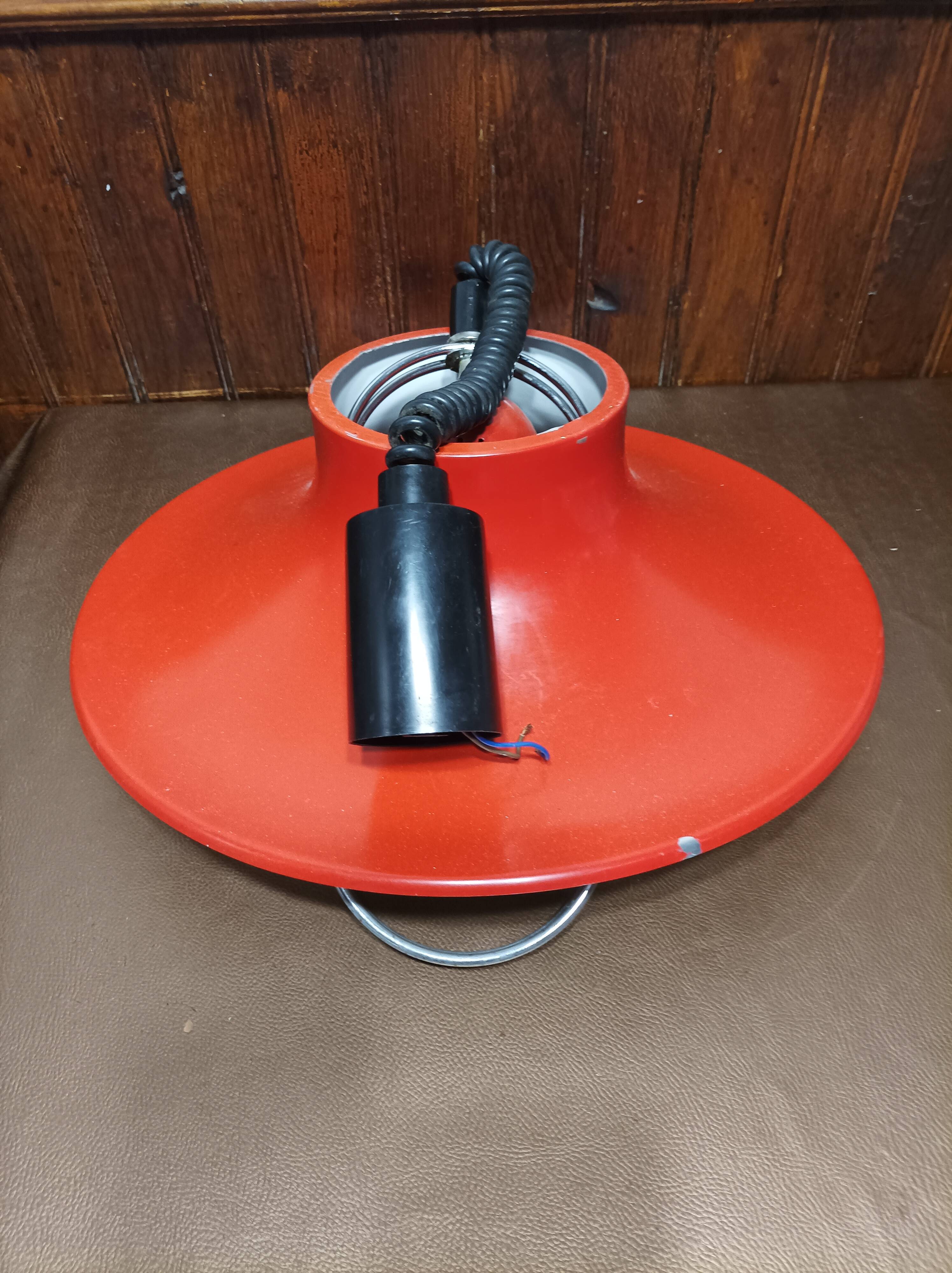 Suspension, red and white metal chandelier from the 70s