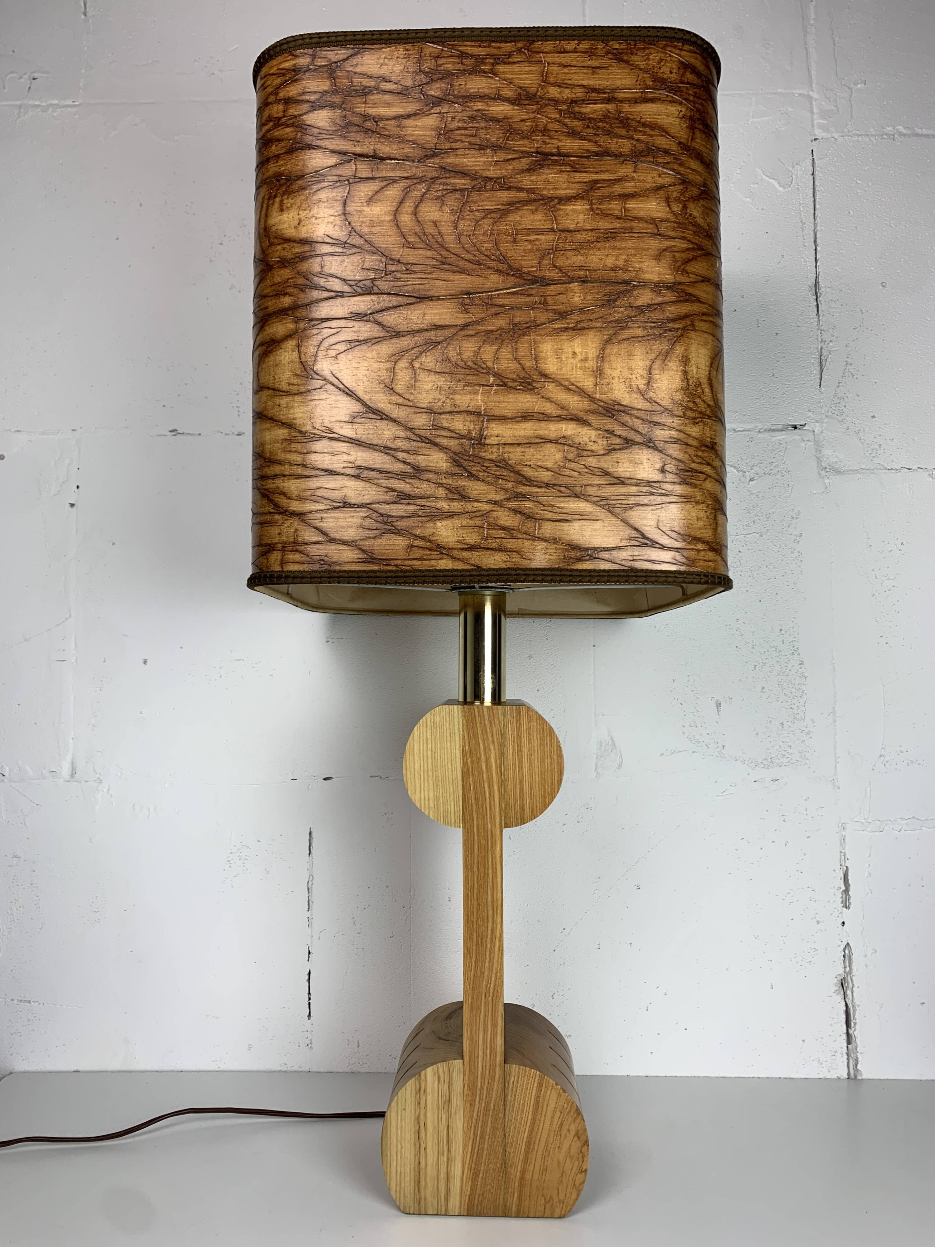 Midcentury Italian sculptural large table lamp with wood veneer shade