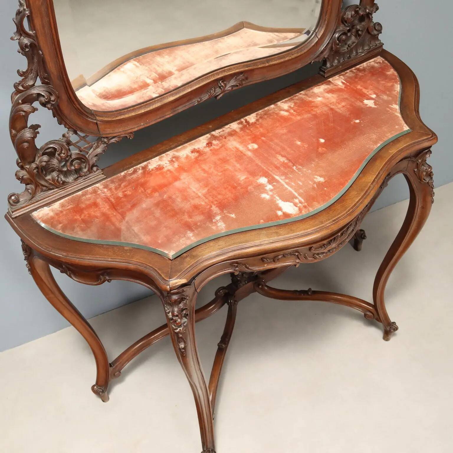 Antique console in mahogany, velvet and glass, Italy, 19th century.
