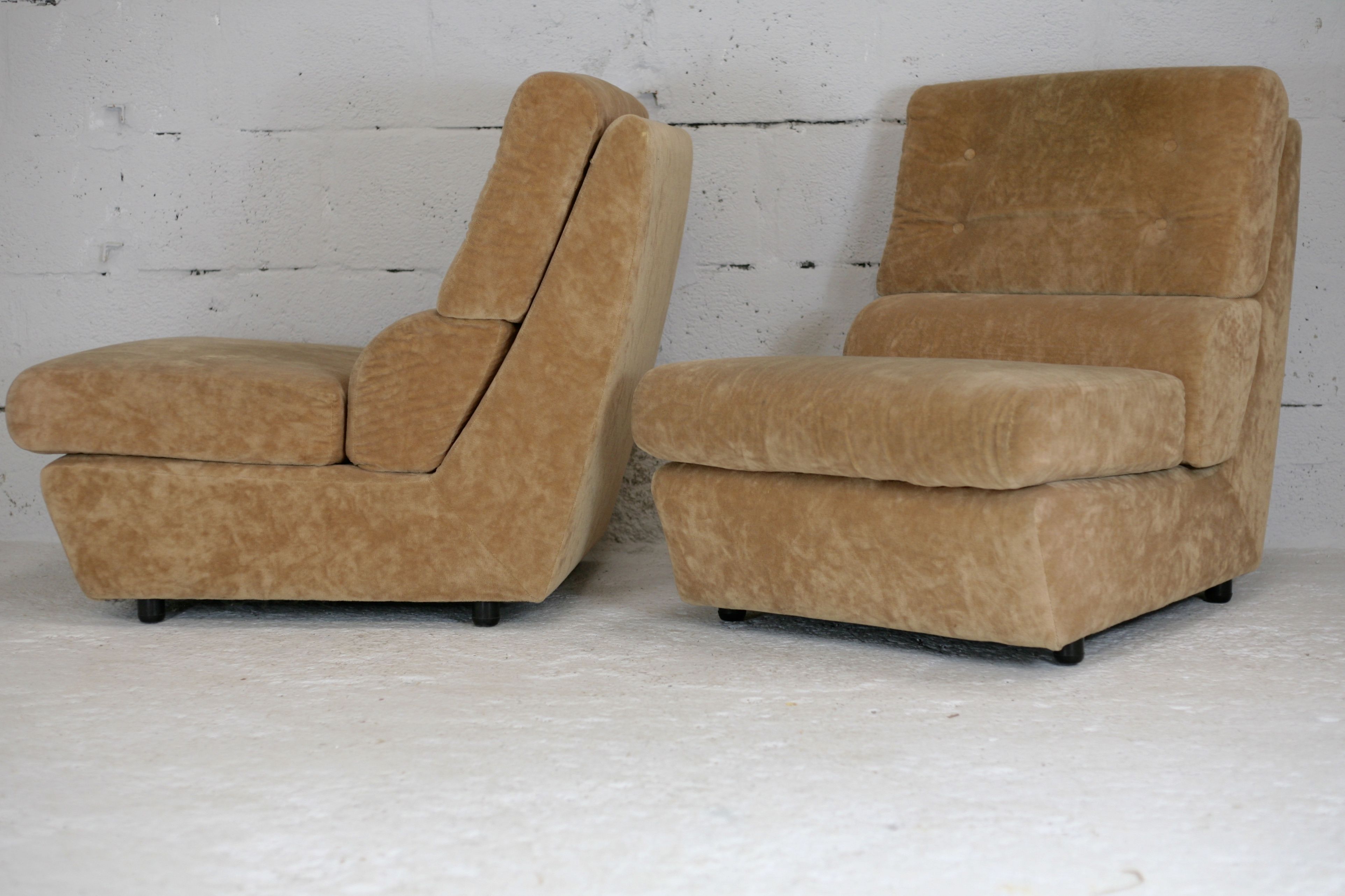 Pair of armchairs "Space Age", foam and velvet "honey", France, circa 1970