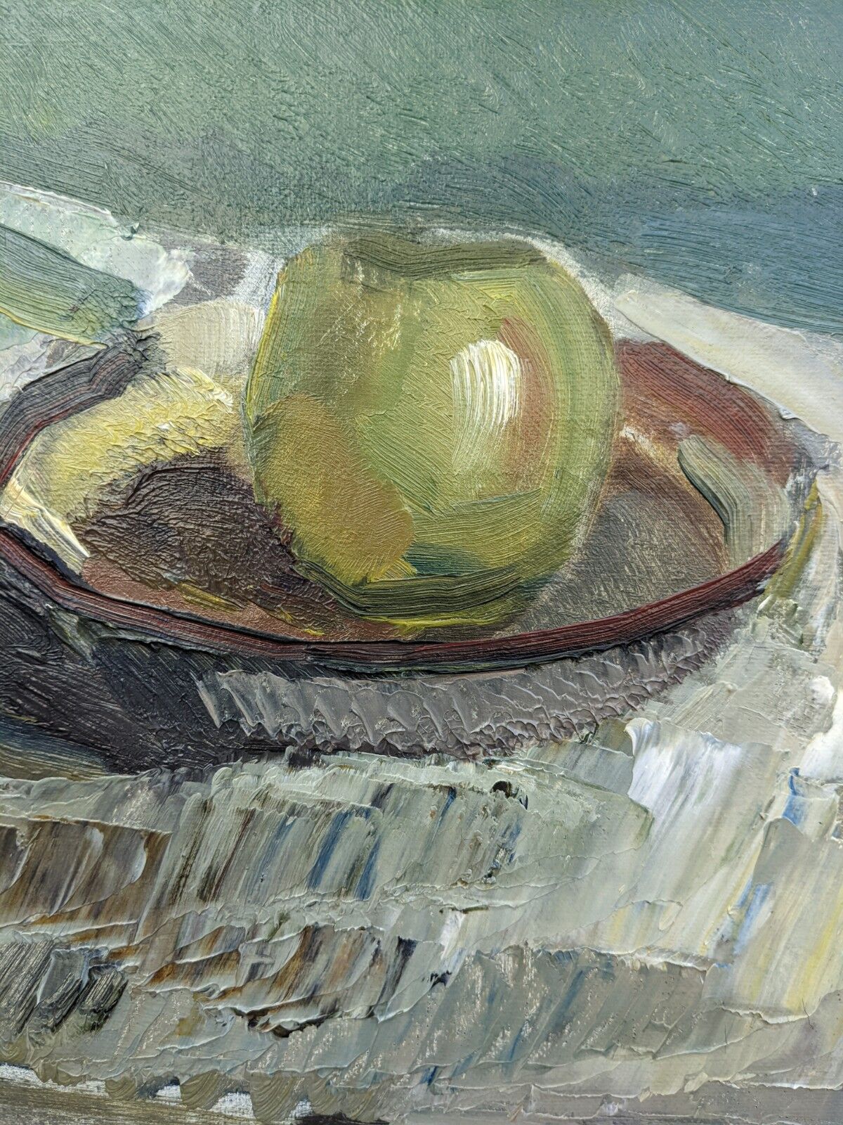 Mid-Century Modern "The Green Apple" Swedish Expressionist Still Life Oil Painting, Framed