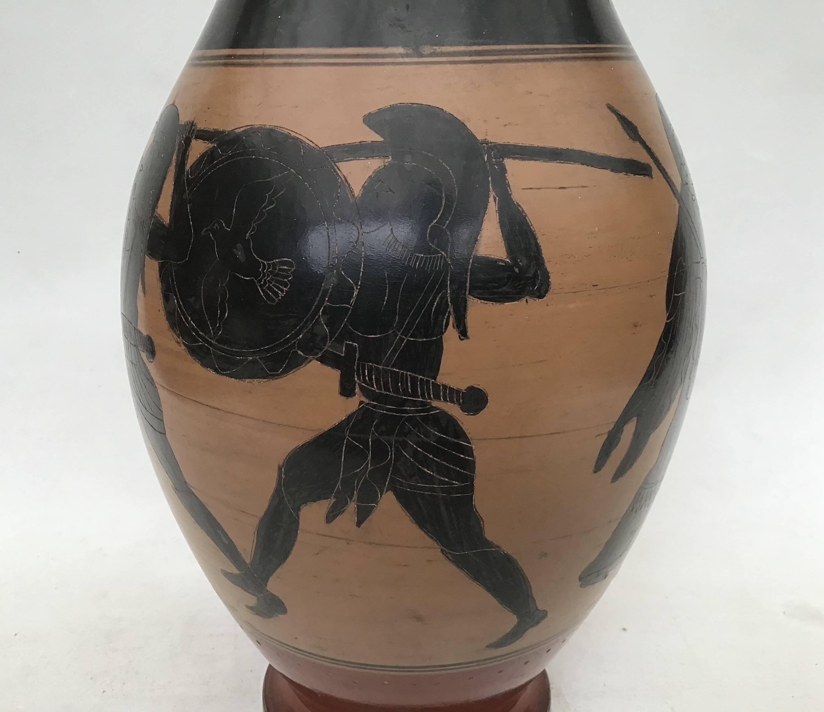 Reproduction of a Greek Attic-style black-figure vase depicting warriors