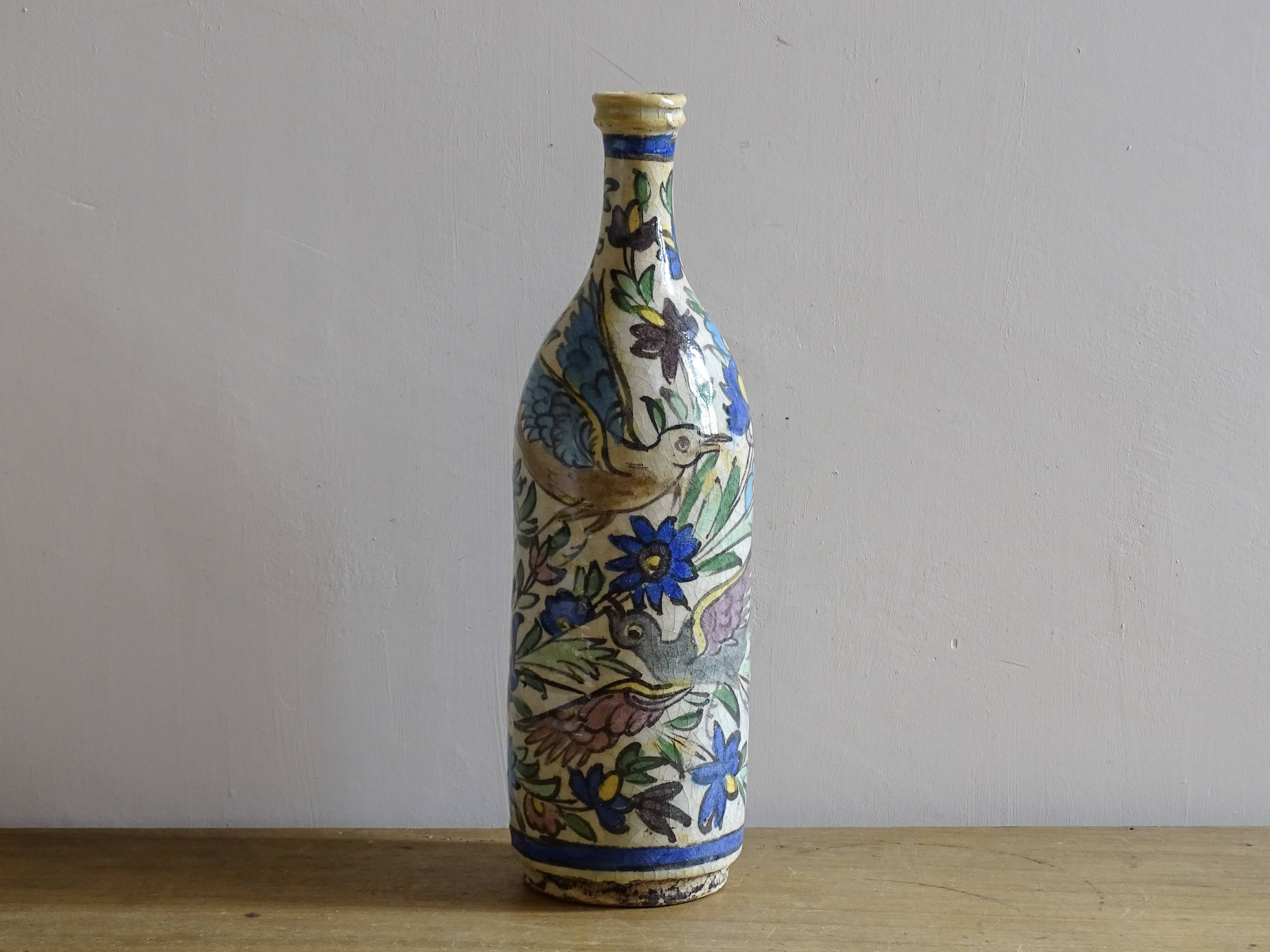 Antique Iznik Style Pottery Bottle with Birds, Ottoman Revival Ceramic Vase