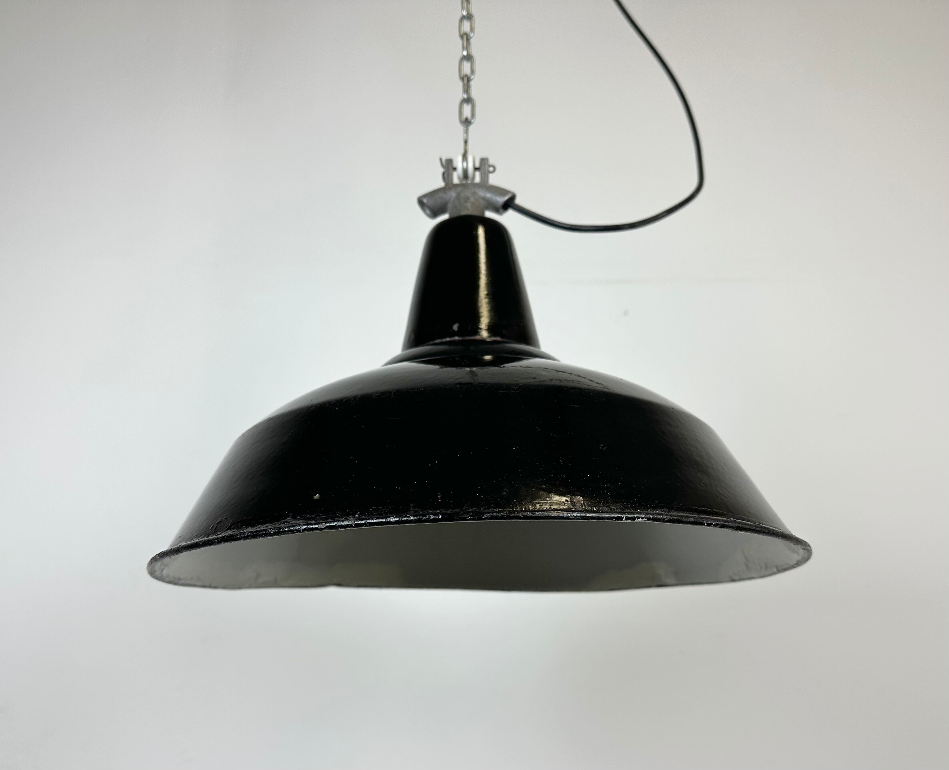 Industrial Black Enamel Factory Lamp with Cast Iron Top, 1960s