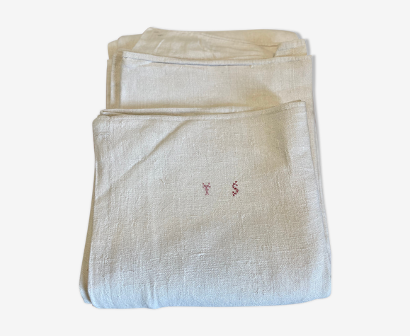 Drap ancien en lin chanvre brodé