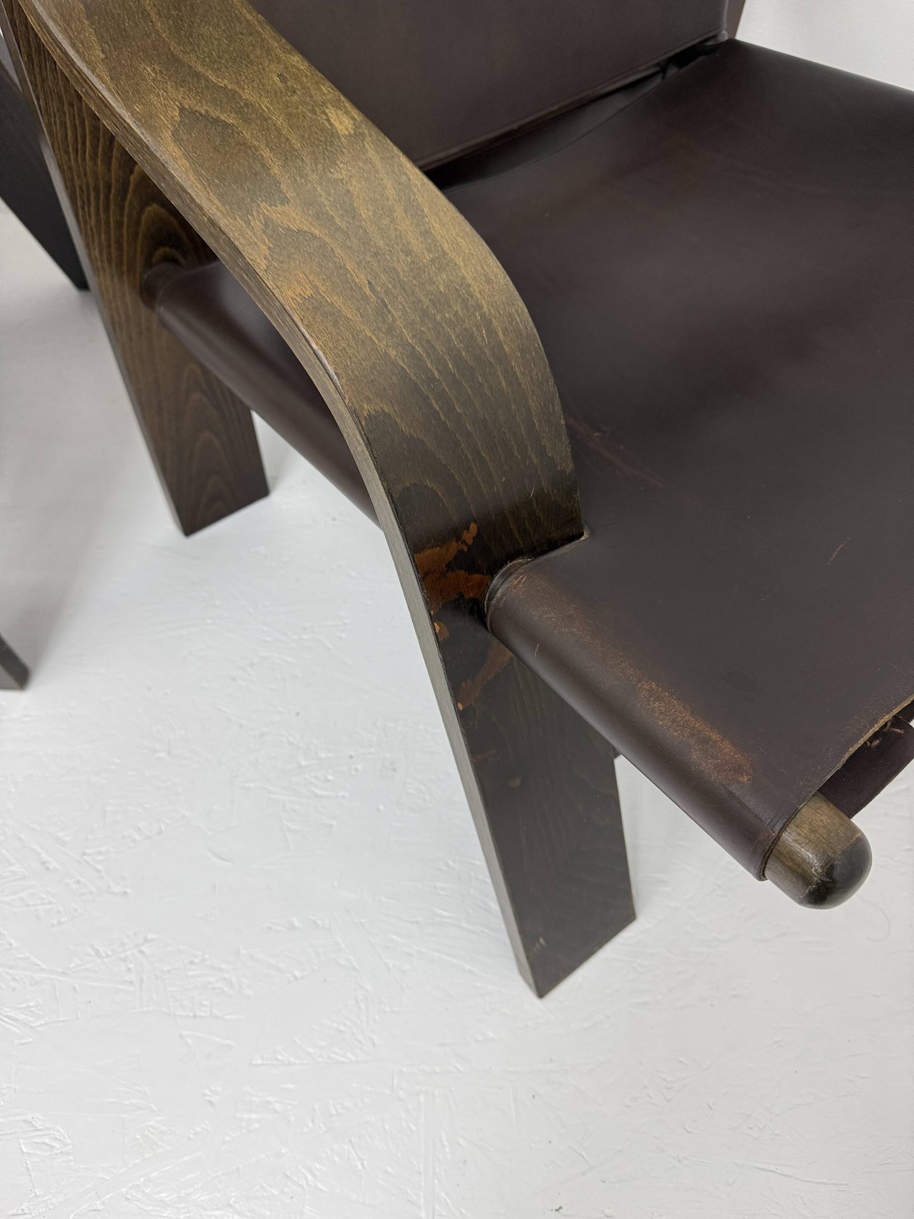 Set of 2 brutalist leather  lounge chairs, 1970’st