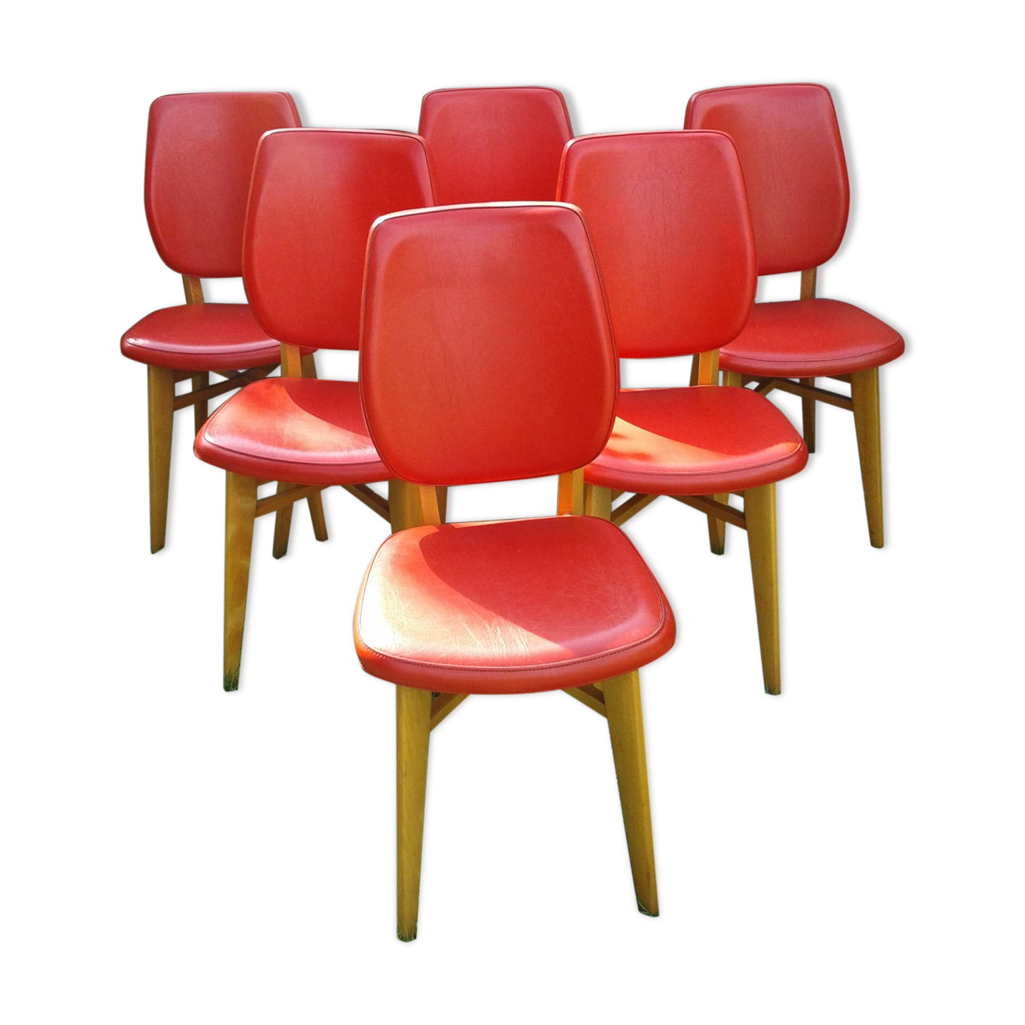 Set of 6 chairs in wood covered with red skai