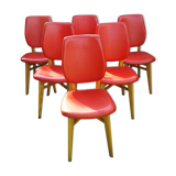 Set of 6 chairs in wood covered with red skai