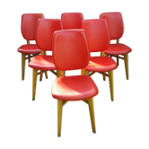 Set of 6 chairs in wood covered with red skai