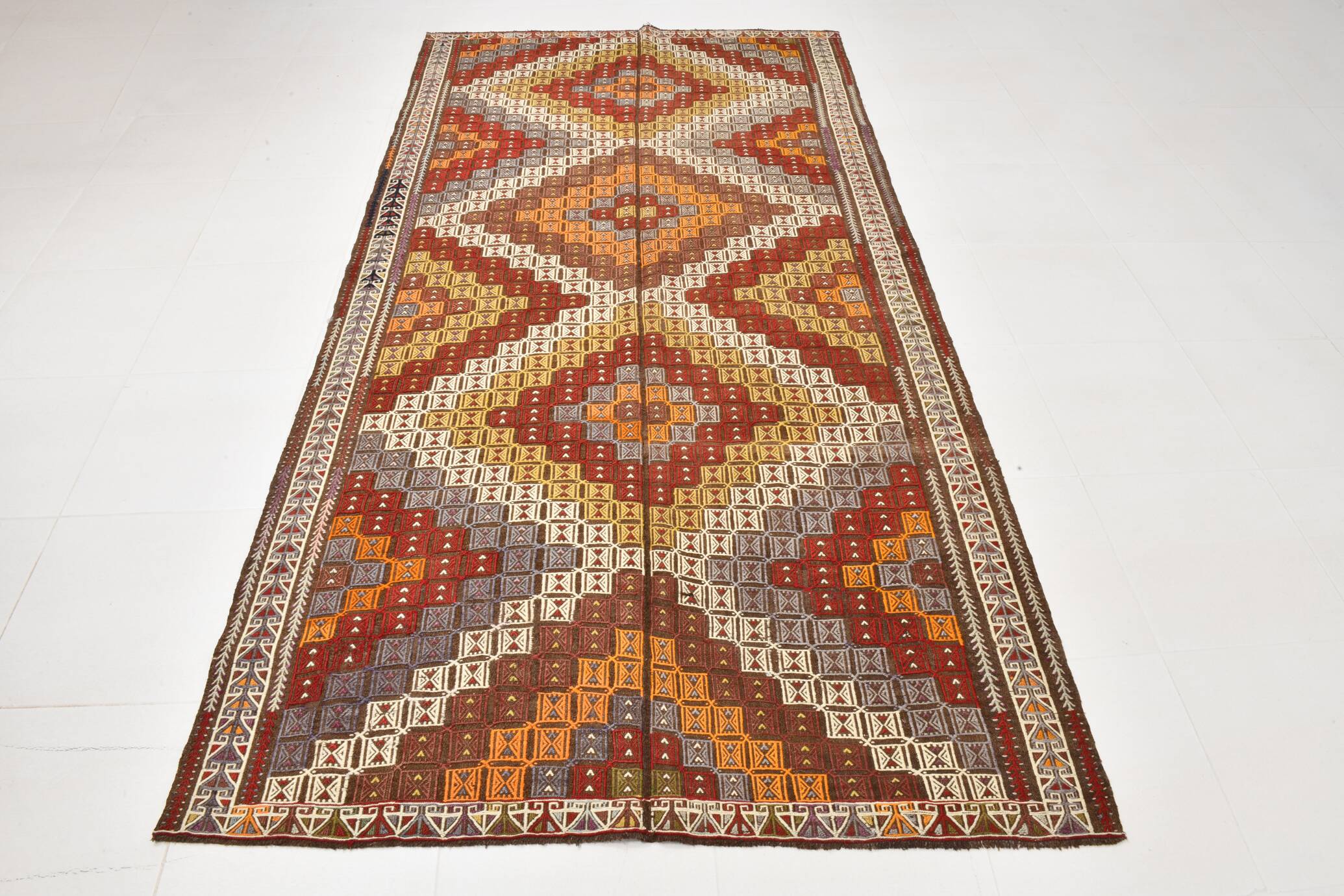 Deep Burgundy & Mustard Yellow Star Pattern Turkish Kilim Rug, 145x282 Cm