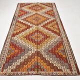 Deep Burgundy & Mustard Yellow Star Pattern Turkish Kilim Rug, 145x282 Cm