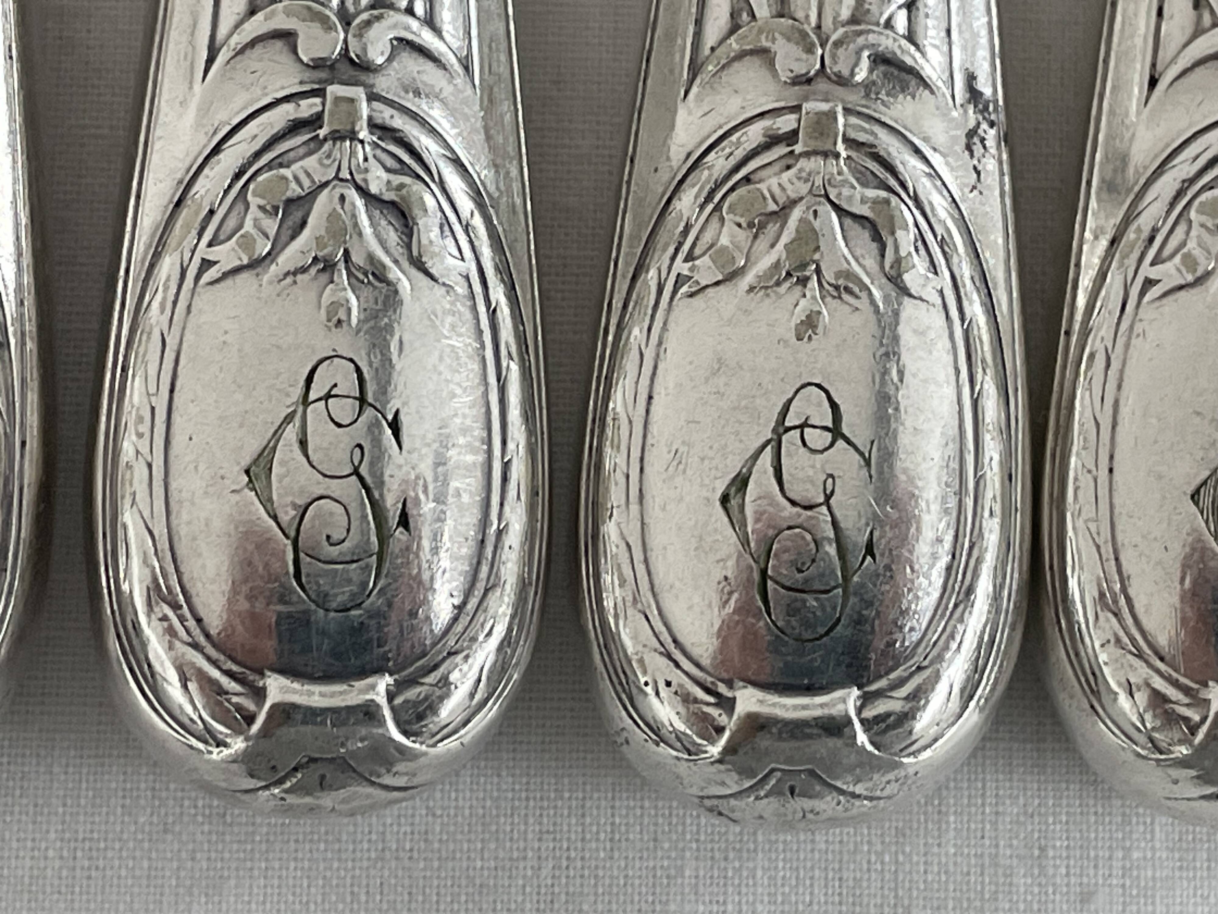 Knife set, Charles Christofle, silver plated metal, Art Nouveau, plant decoration, cheese, large