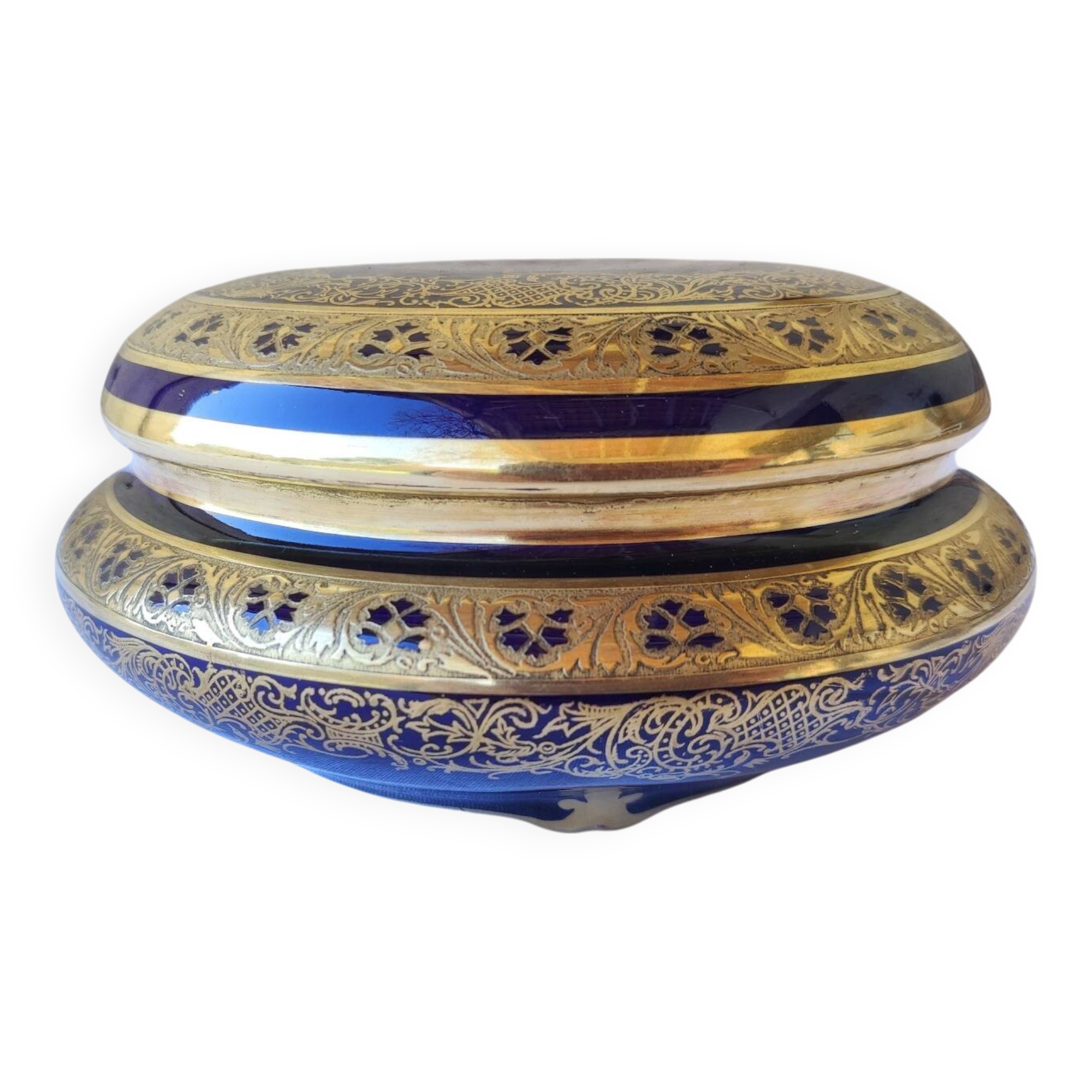 Large Limoges porcelain candy box - Oven blue and gold -