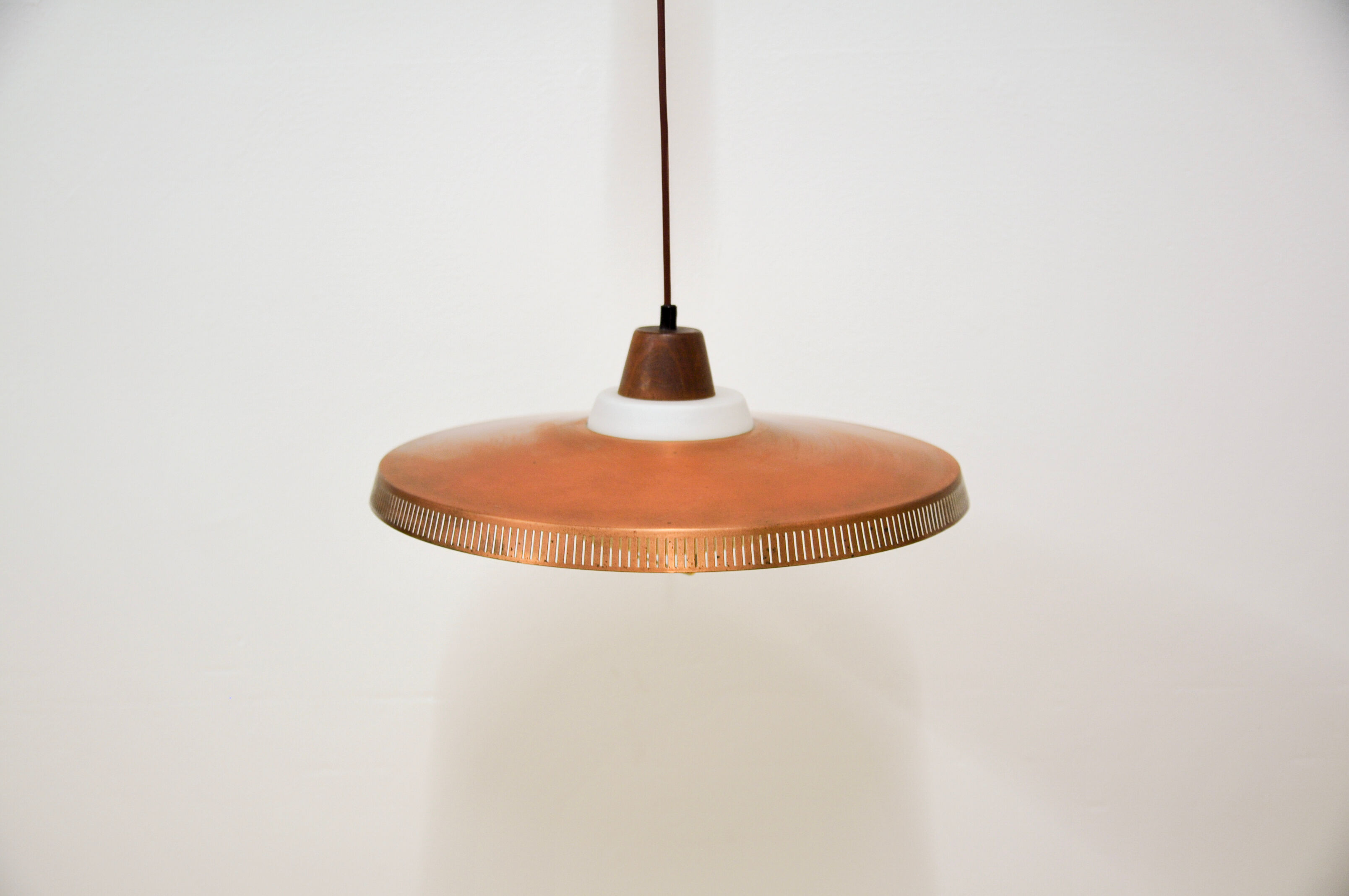 Copper milk glass & teak hanging lamp bent karlby for lyfa