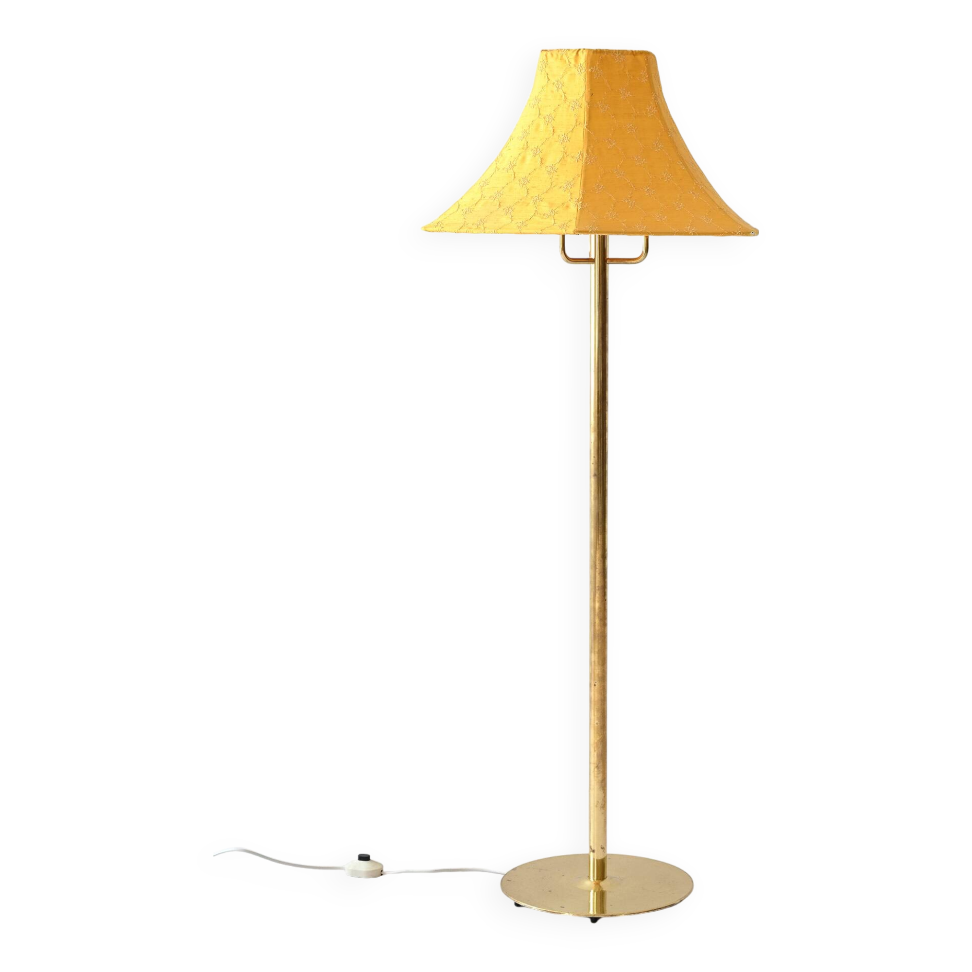 Lampadaire vintage en métal doré avec abat-jour jaune