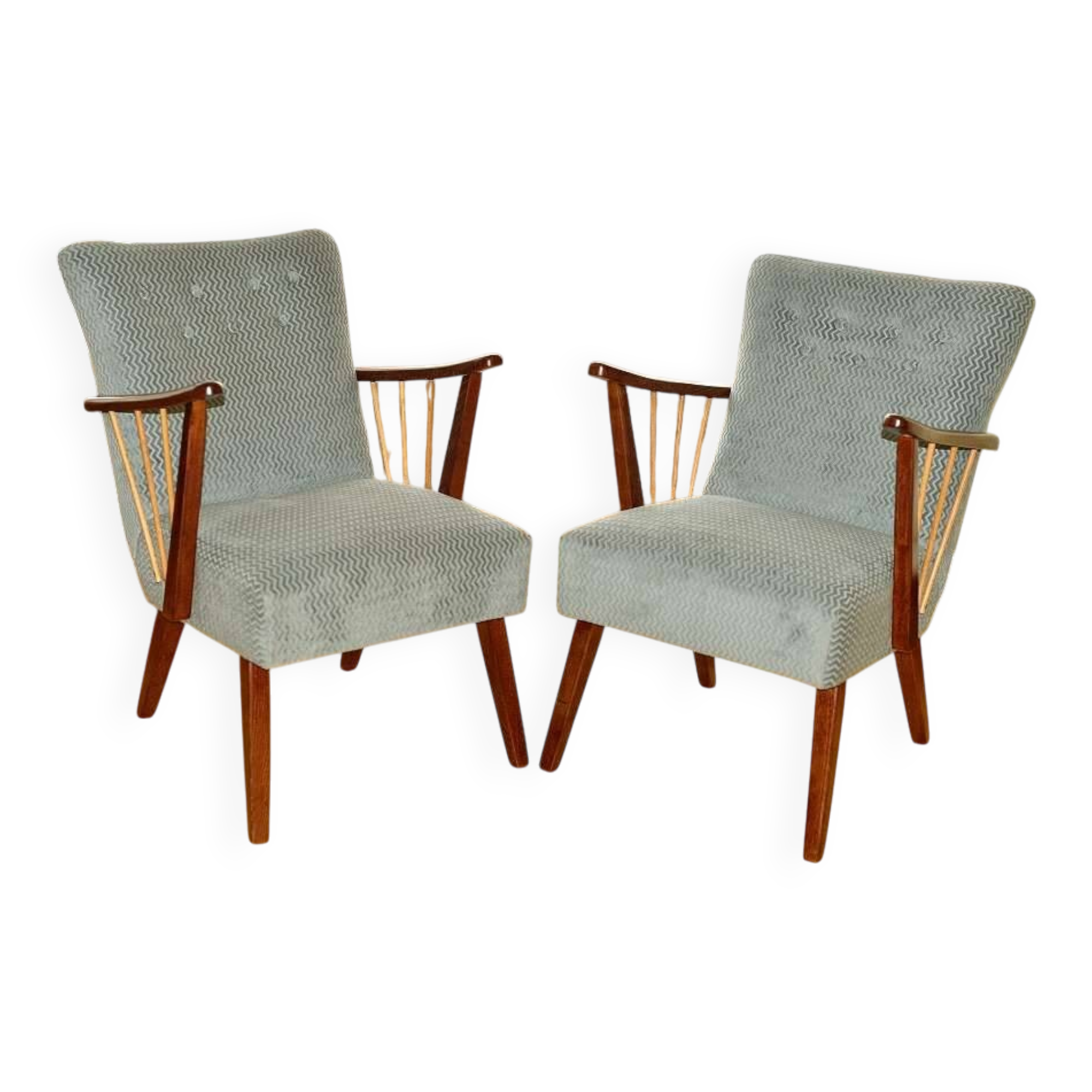 Deux élégants fauteuils Art déco bleu tourterelle – récemment retapissés