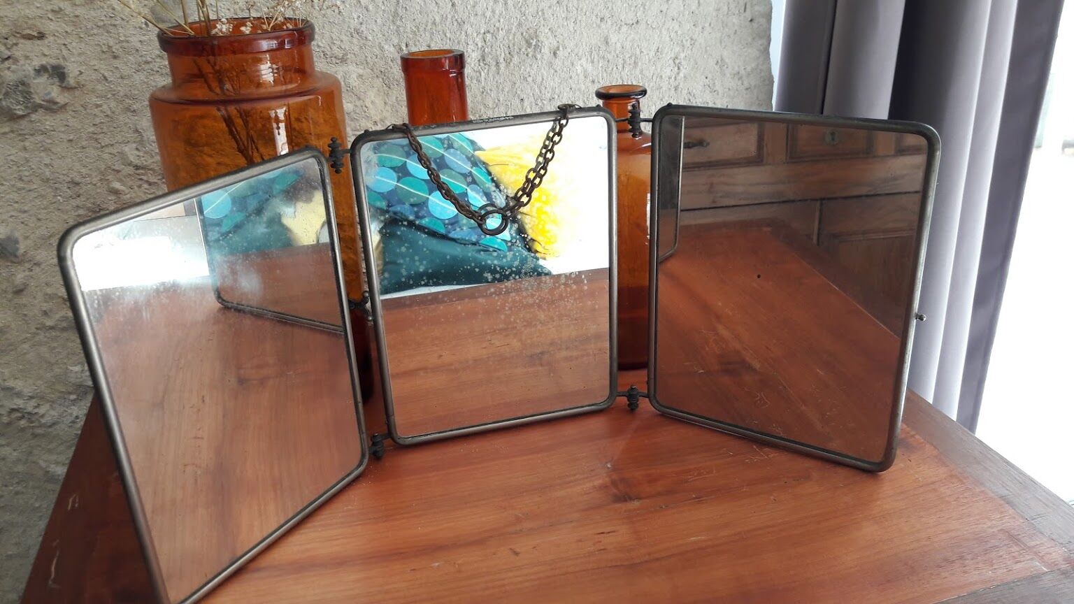 Barber triptych with towers brass mirror 58x24cm