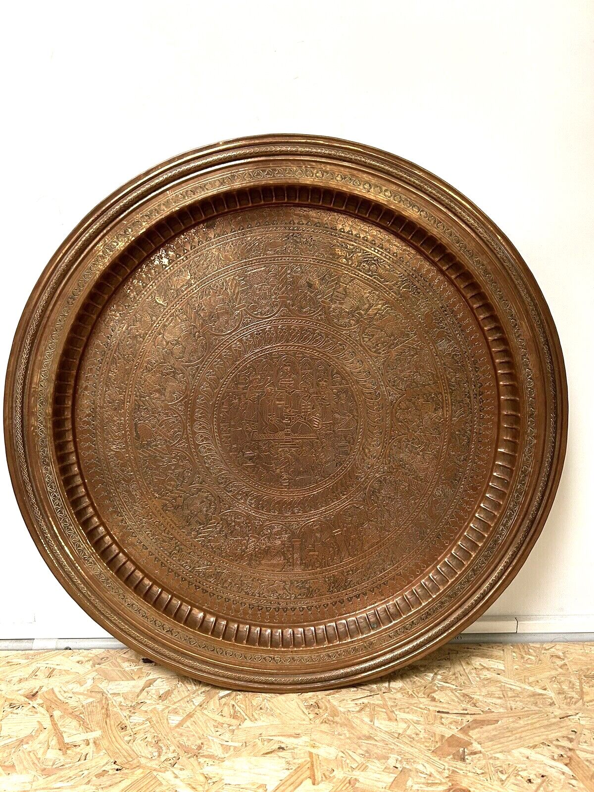 Large ancient copper tray, engraved Persia, offering scenes, vintage ethnic