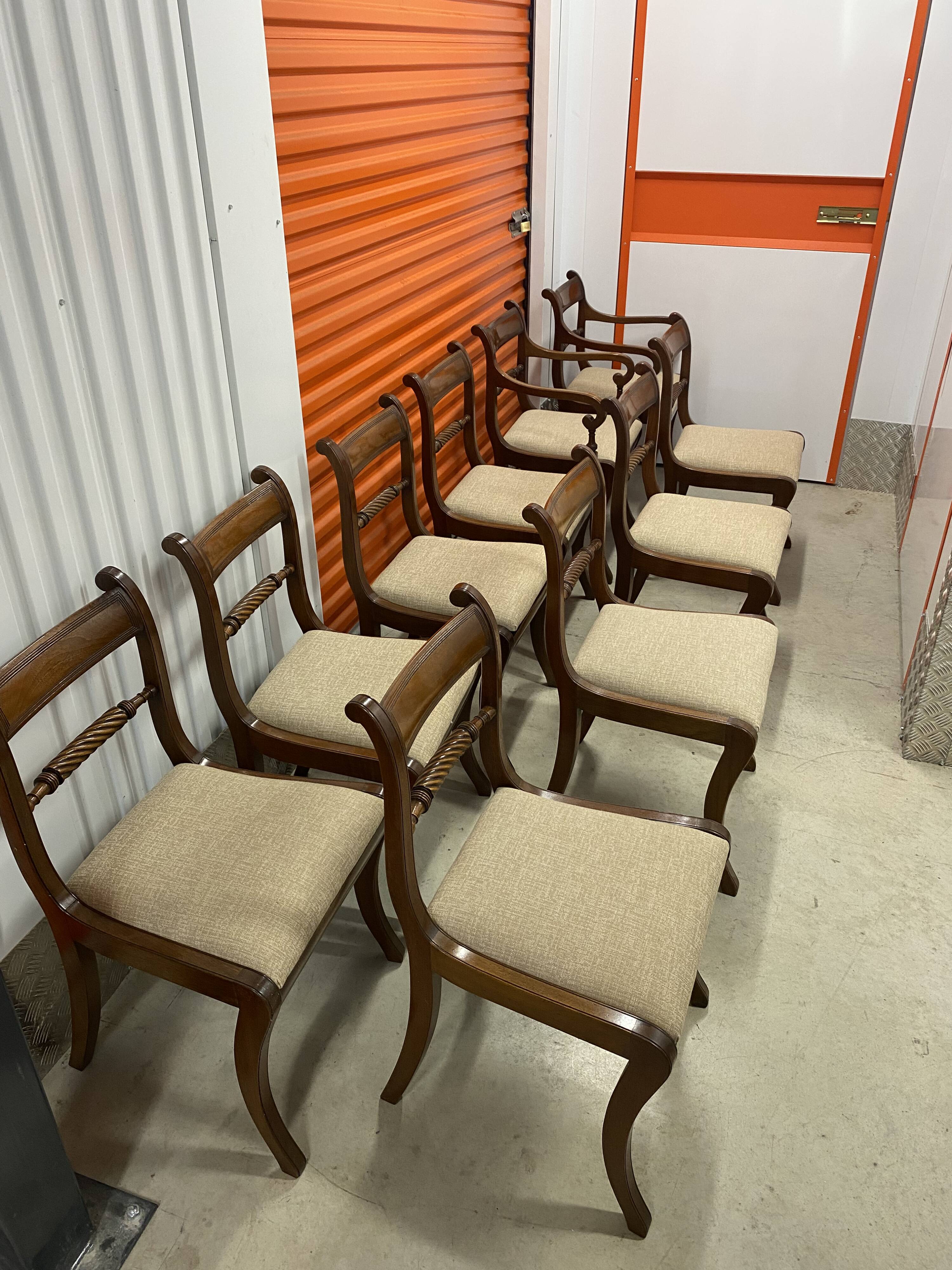 Set of 10 antique Trafalgar chairs in mahogany with twisted backrest.
