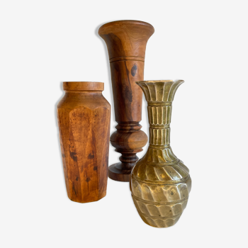 Trio of walnut vases and vintage brass