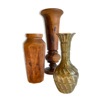 Trio of walnut vases and vintage brass