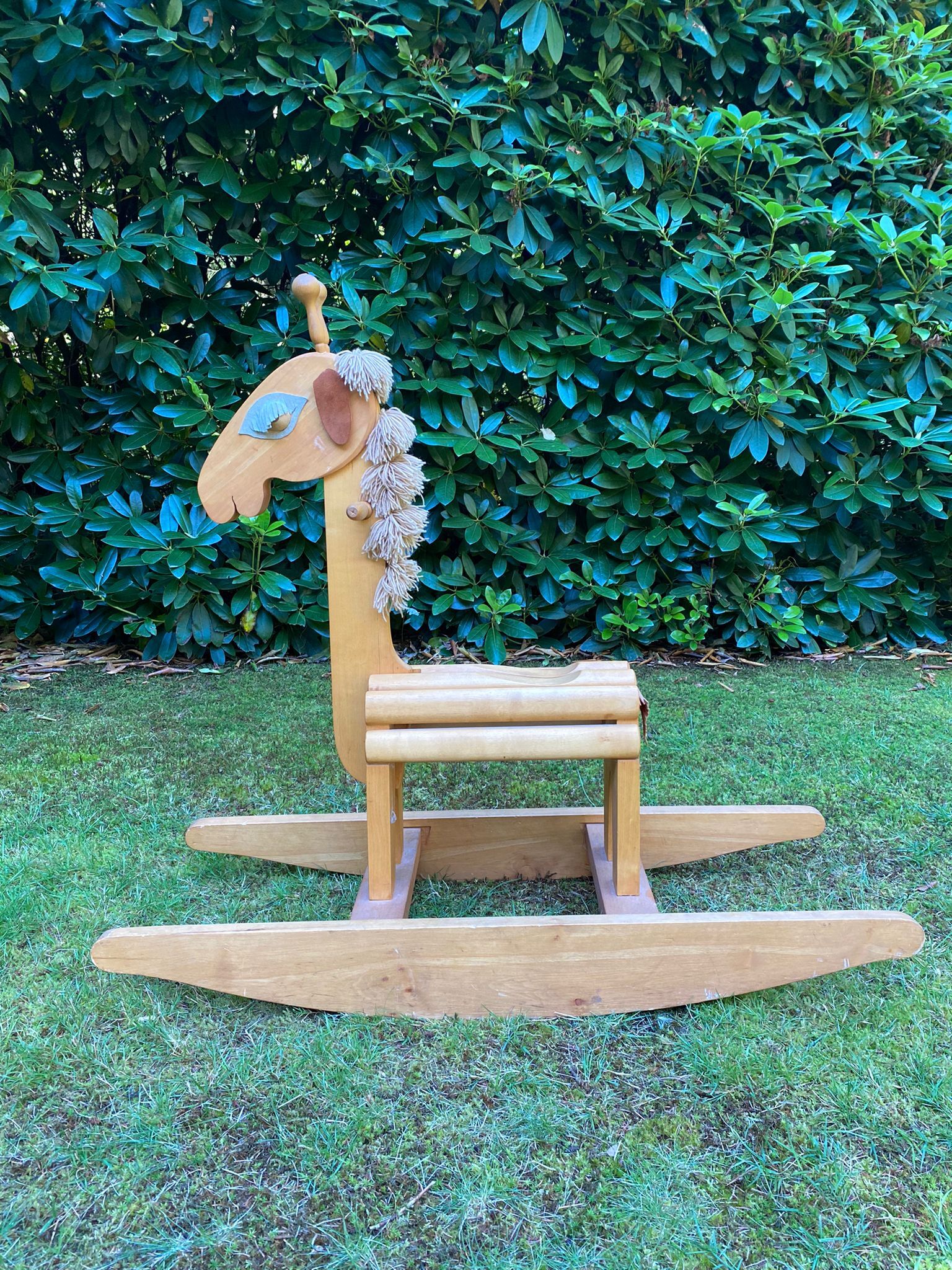 Vintage leather and pinewood rocking horse, giraffe, ca. 1970s