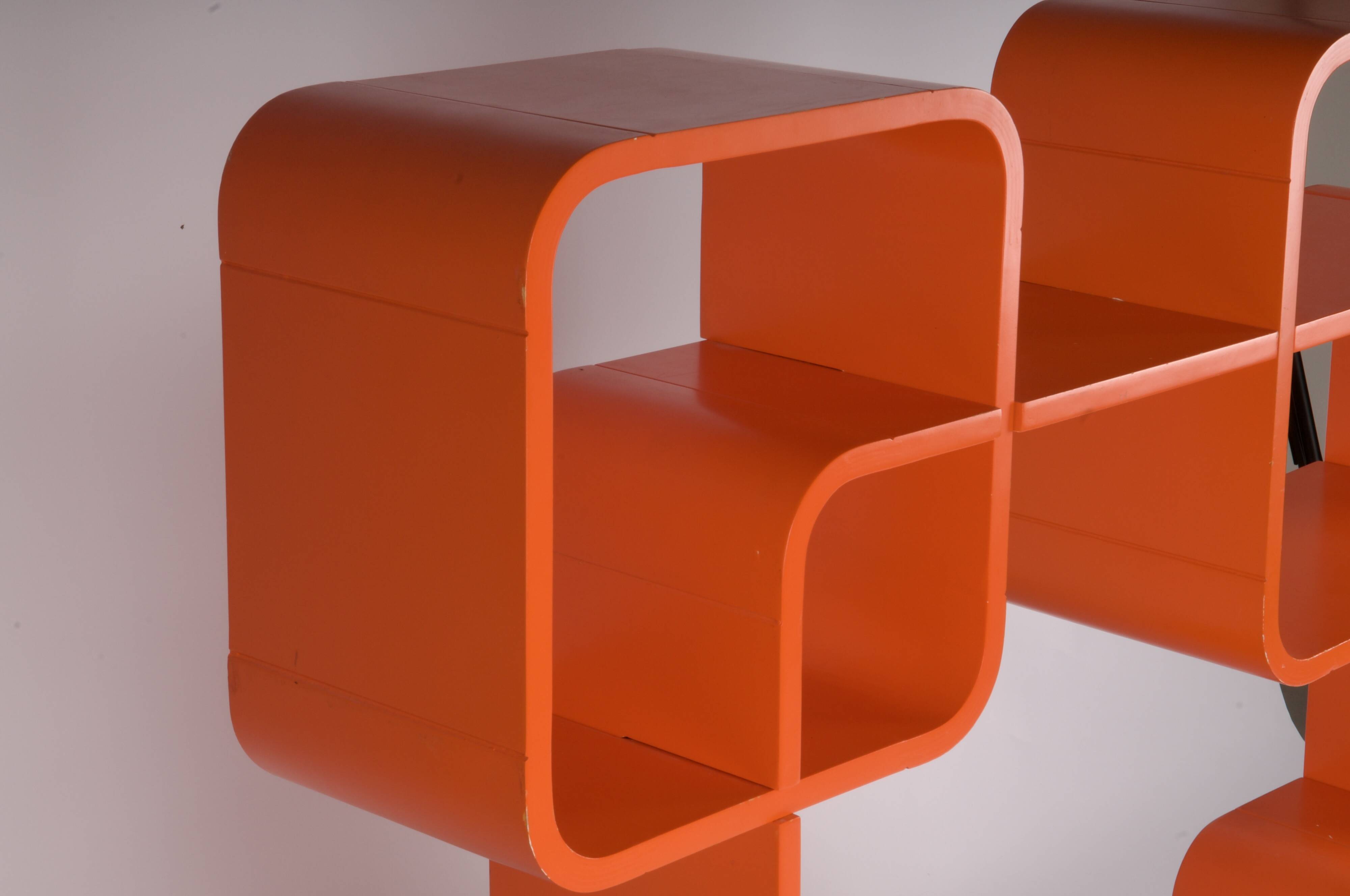 Bibliothèque bois orange space age 1970 années 70 pop