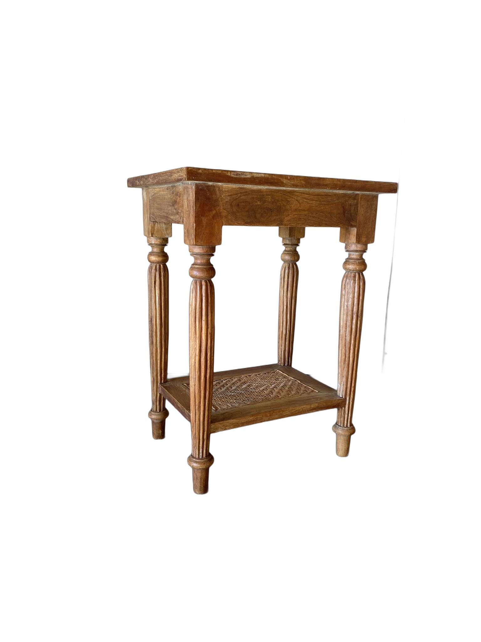 Vintage wooden and wicker side table