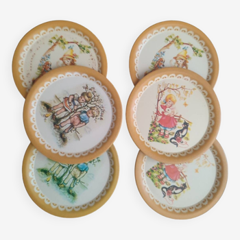 Set of 6 Sarah Kay coasters, vintage 80s