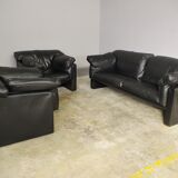 Moroso sofa set and armchairs in black leather, 1984