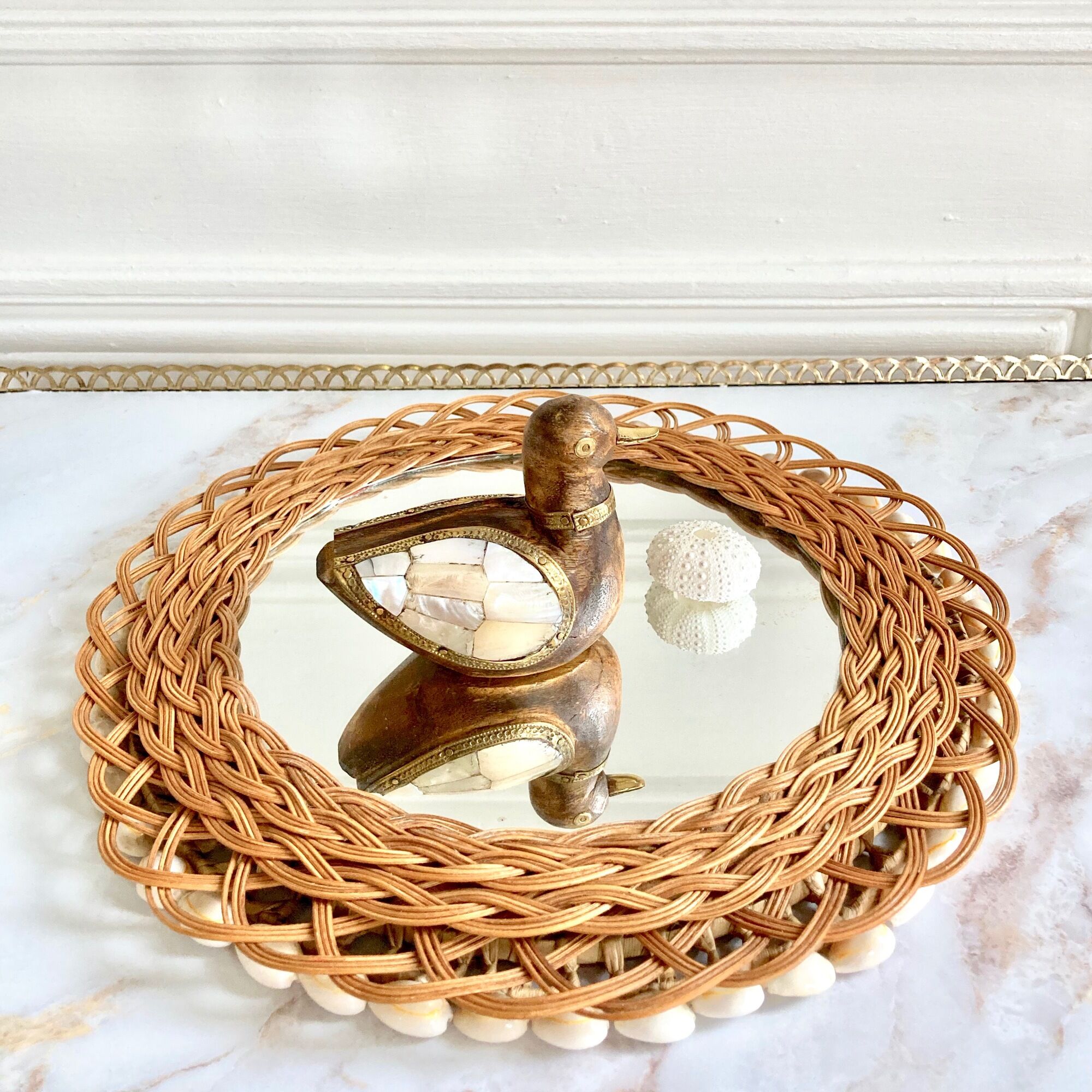 Wood brass duck and mother-of-pearl