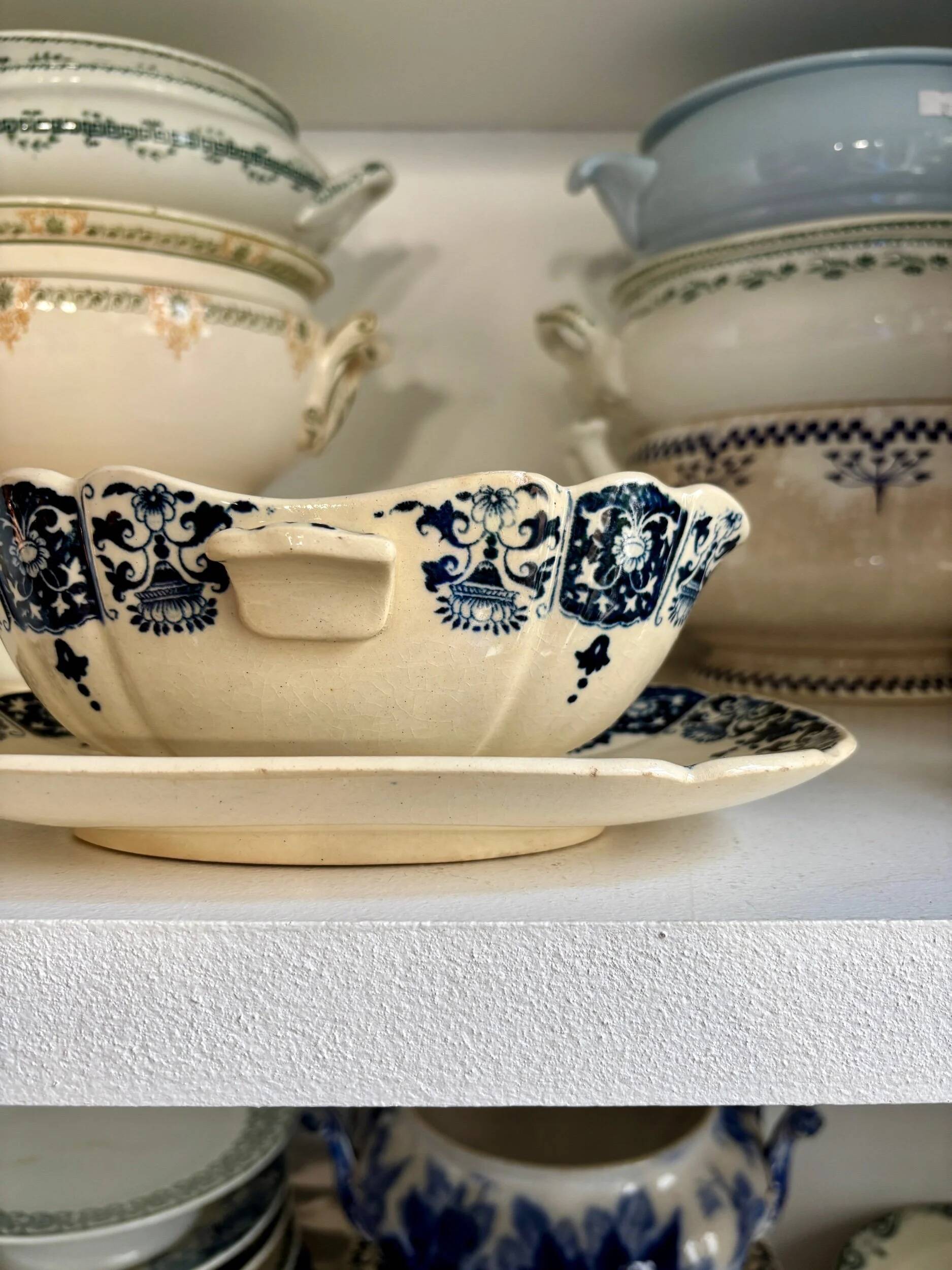 Blue ironstone sauce boat, "Blue Ibis" service no. 1.