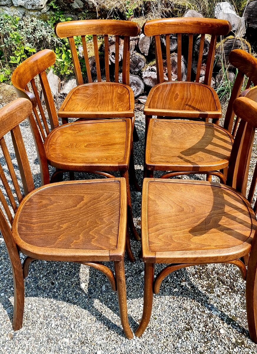 6 curved wooden bistro chairs 60s