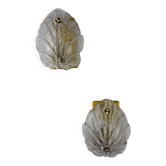 Pair of Murano frosted leaf sconces, textured glass & gilt details, Italy, circa 1970s