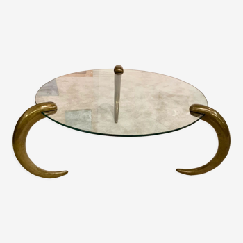 Circular coffee table bronze legs and glass top 1960 70