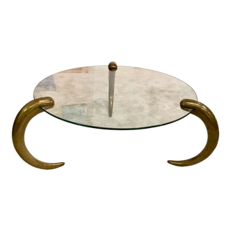 Circular coffee table bronze legs and glass top 1960 70